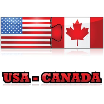 Concept illustration showing the flags of the United States and Canada joined together as puzzle pieces