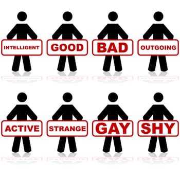 Concept illustration showing people holding labels which are commonly attributed to people