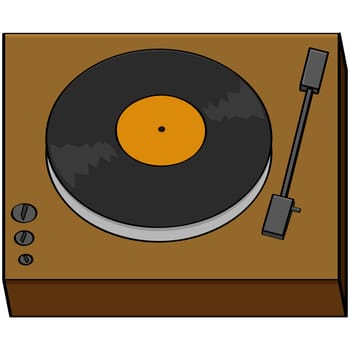 Cartoon illustration of an old turntable with a music record on it