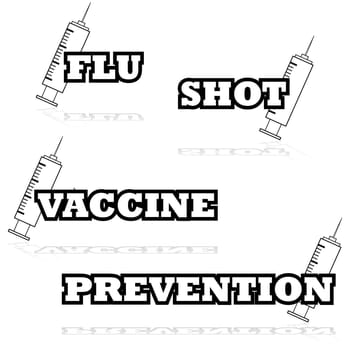 Icon illustration showing a syringe beside words such as flu, shot and vaccine