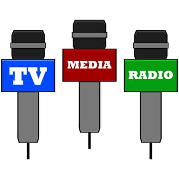Cartoon illustration showing microphones used by different media channels