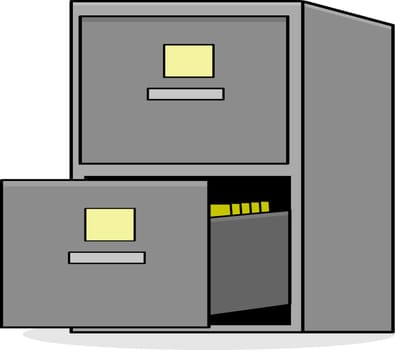 Cartoon illustration showing a metal file cabinet with the bottom drawer open