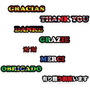 Concept illustration showing the expression Thank You in different languages, with the flags of countries that speak that language