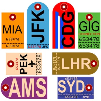 Old style illustration showing retro looking airplane tags with different airport codes