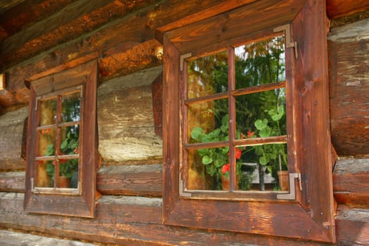 Close up view of rural house with wooden windows