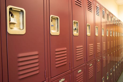 A row of locked starage lockers horizontal composition