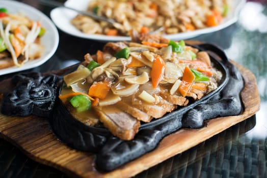 Asian duck with vegetables, Mongolian style close up