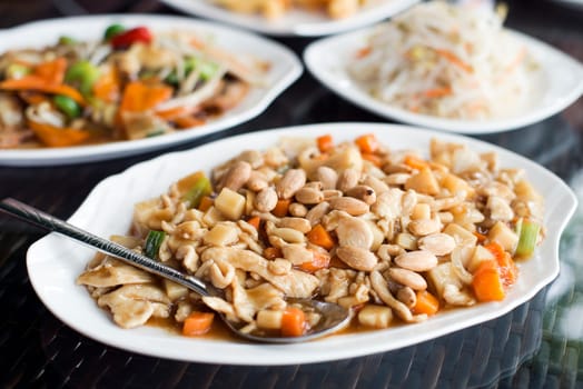 Chicken chop suey with almonds close up shoot