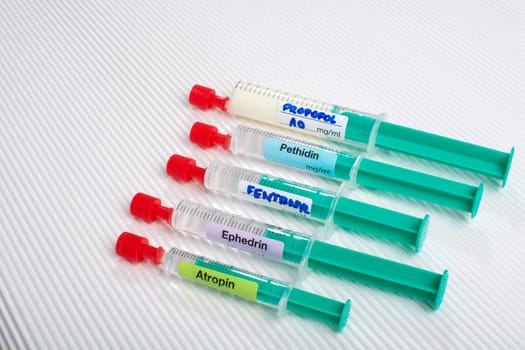 Syringes with anaesthetic drugs prepared for anaethesia induction