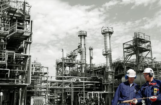 two oil and gas workers inside large petrochemical refinery, pipelines and towers