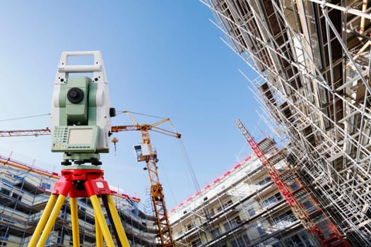 measuring instrument inside super-wide view of construction and engineering site