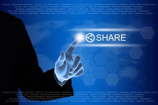 business hand pushing share on social networking button on a touch screen interface