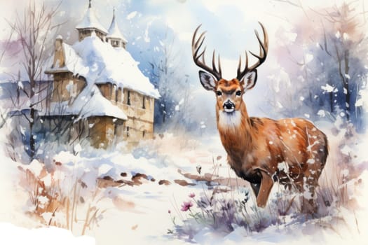 An enchanting winter tableau, showcasing the grace and resilience of wildlife, including deer, birds, and squirrels, in their natural habitats during the frosty season.