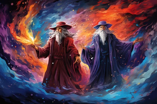 A mesmerizing portrayal of venerable and formidable wizards, exuding wisdom as they masterfully cast intricate arcane spells, wielding ancient staffs adorned with mystic runes.