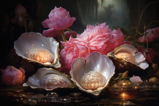 An enchanting depiction of radiant pearl oysters, tenderly nurturing exquisite pearls imbued with enigmatic properties.