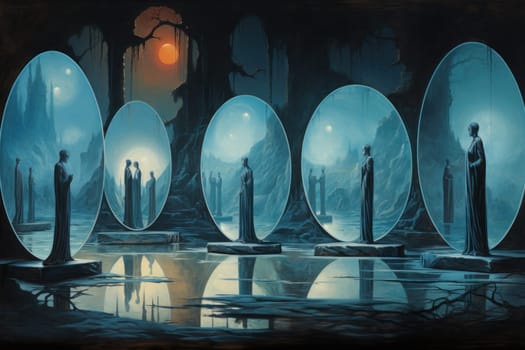 A mesmerizing portrayal of enchanted shadow mirrors, each reflecting tantalizing glimpses of parallel realms and alternate versions of oneself.