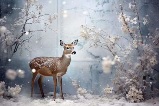 An enchanting winter tableau, showcasing the grace and resilience of wildlife, including deer, birds, and squirrels, in their natural habitats during the frosty season.