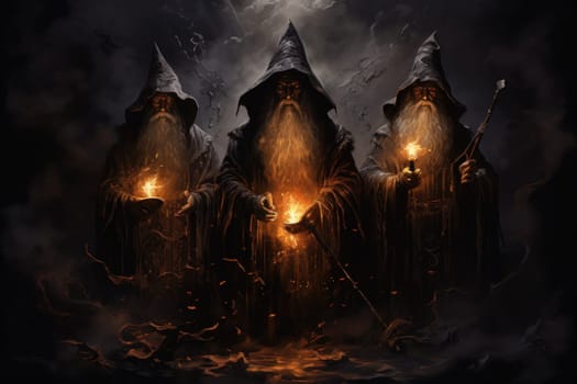 A mesmerizing portrayal of venerable and formidable wizards, exuding wisdom as they masterfully cast intricate arcane spells, wielding ancient staffs adorned with mystic runes.