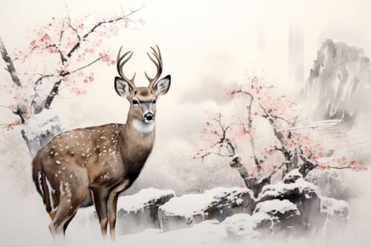 An enchanting winter tableau, showcasing the grace and resilience of wildlife, including deer, birds, and squirrels, in their natural habitats during the frosty season.