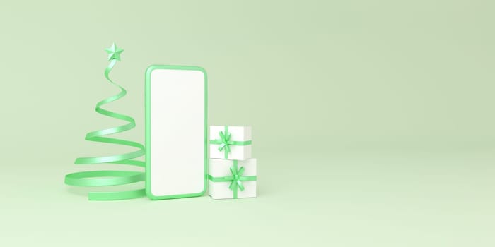 Smartphone with spiral tree christmas and gifts box on green background. Reforestation concept. 3D illustration.