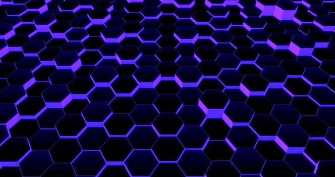 Technological hexagonal background with purple neon illumination. 3D rendering.