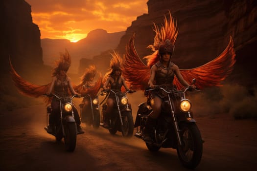 An awe-inspiring portrayal of fabled phoenix riders, gracefully soaring through the skies astride magnificent fiery avian creatures.