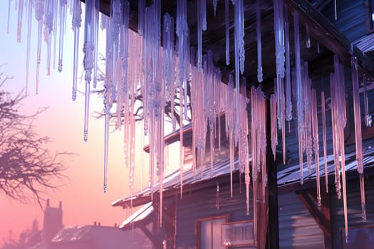 A remarkable portrayal of winter's allure, focusing on the glistening, see-through charm of icicles suspended from rooftops and tree limbs, showcasing their sparkling and crystalline elegance.