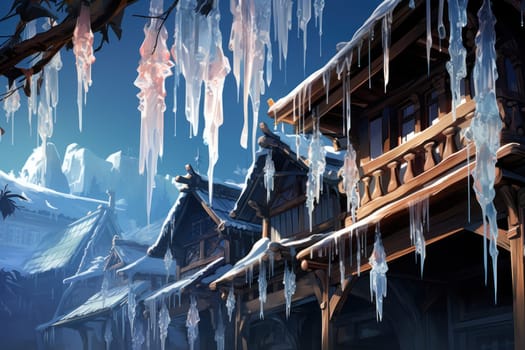A remarkable portrayal of winter's allure, focusing on the glistening, see-through charm of icicles suspended from rooftops and tree limbs, showcasing their sparkling and crystalline elegance.