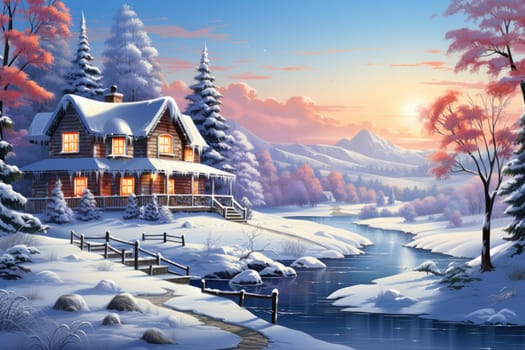 A captivating artistic portrayal of the enchanting winter season, where landscapes are magically transformed into a wonderland adorned with shimmering snow and sparkling icicles.