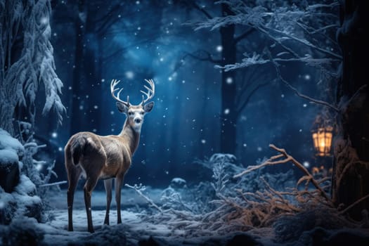 An enchanting winter tableau, showcasing the grace and resilience of wildlife, including deer, birds, and squirrels, in their natural habitats during the frosty season.