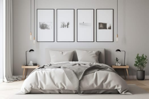 Scandinavian bedroom with a mockup poster frame on a white wall, showcasing a beautiful canvas print. The minimalist design and cozy bedding create a peaceful ambiance. This mockup is AI generative.