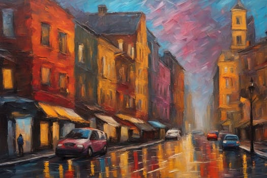 colorful painting illustration of a city at sunset under rain and mist, people walking generative ai art
