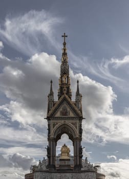 London, UK - Oct 24, 2023 - Back view of The Albert Memorial is in Kensington Gardens. Gothic Memorial to Prince Albert from Queen Victoria, Is a popular travel destination, Iconic, Space for text, Selective focus.
