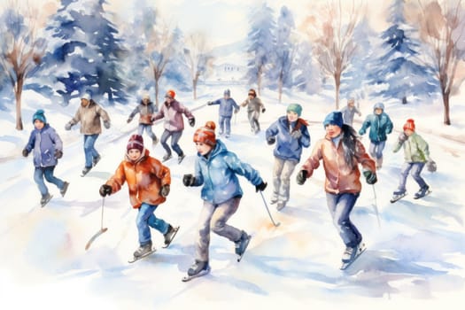 A dynamic portrayal of the exhilarating winter season, featuring individuals engaged in a range of invigorating activities such as skiing, snowboarding, and ice skating.