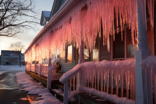 A remarkable portrayal of winter's allure, focusing on the glistening, see-through charm of icicles suspended from rooftops and tree limbs, showcasing their sparkling and crystalline elegance.