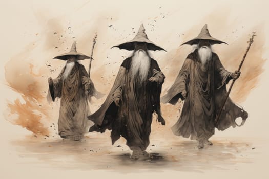 A mesmerizing portrayal of venerable and formidable wizards, exuding wisdom as they masterfully cast intricate arcane spells, wielding ancient staffs adorned with mystic runes.