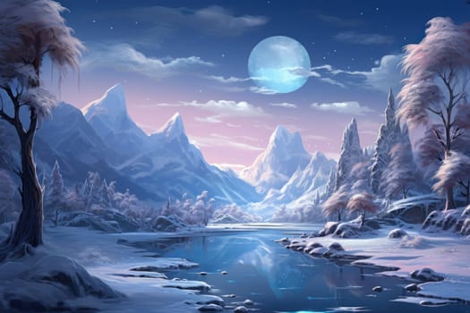 A captivating artistic portrayal of the enchanting winter season, where landscapes are magically transformed into a wonderland adorned with shimmering snow and sparkling icicles.