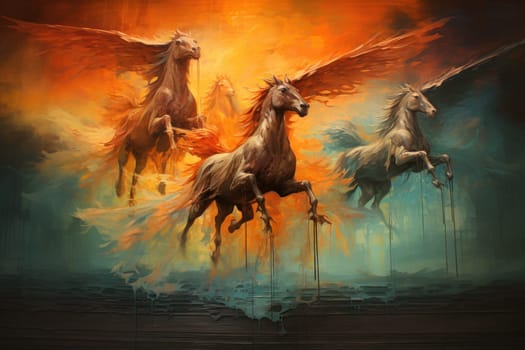 An awe-inspiring portrayal of fabled phoenix riders, gracefully soaring through the skies astride magnificent fiery avian creatures.