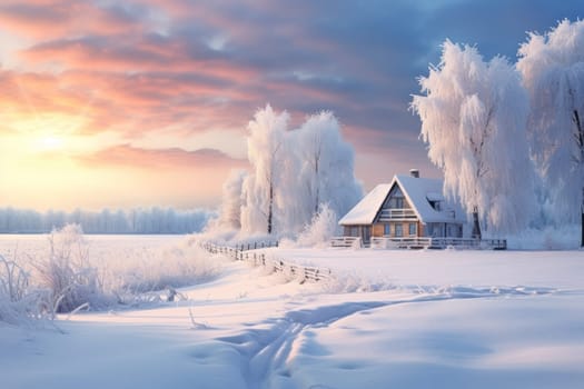 An exquisite winter composition, expertly capturing the tranquil allure of recently fallen snow draping over trees, landscapes, and architectural structures.