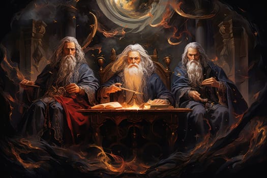 A mesmerizing portrayal of venerable and formidable wizards, exuding wisdom as they masterfully cast intricate arcane spells, wielding ancient staffs adorned with mystic runes.