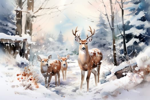 An enchanting winter tableau, showcasing the grace and resilience of wildlife, including deer, birds, and squirrels, in their natural habitats during the frosty season.