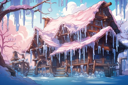 A remarkable portrayal of winter's allure, focusing on the glistening, see-through charm of icicles suspended from rooftops and tree limbs, showcasing their sparkling and crystalline elegance.