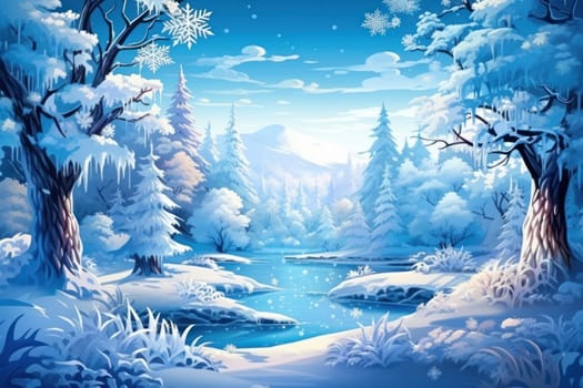A captivating artistic portrayal of the enchanting winter season, where landscapes are magically transformed into a wonderland adorned with shimmering snow and sparkling icicles.