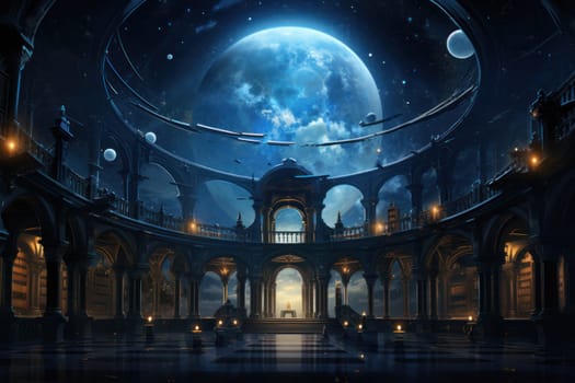 An awe-inspiring depiction of celestial libraries, ancient repositories of boundless universal wisdom.