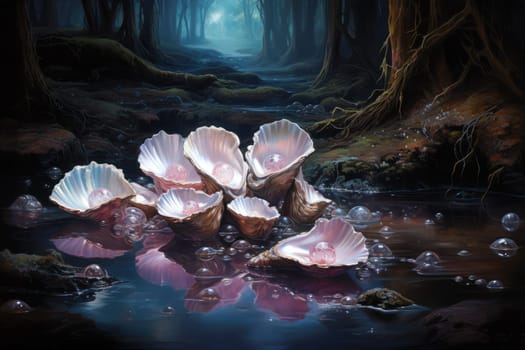 An enchanting depiction of radiant pearl oysters, tenderly nurturing exquisite pearls imbued with enigmatic properties.
