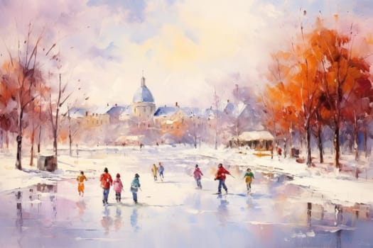 A dynamic portrayal of the exhilarating winter season, featuring individuals engaged in a range of invigorating activities such as skiing, snowboarding, and ice skating.