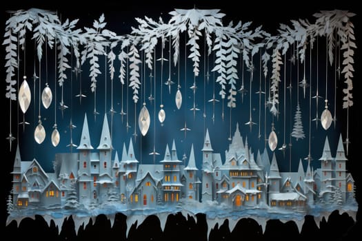 A remarkable portrayal of winter's allure, focusing on the glistening, see-through charm of icicles suspended from rooftops and tree limbs, showcasing their sparkling and crystalline elegance.
