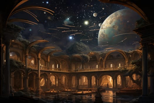 An awe-inspiring depiction of celestial libraries, ancient repositories of boundless universal wisdom.