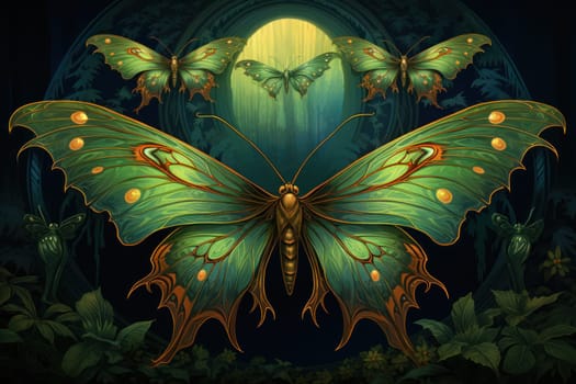 A captivating portrayal of celestial moth guardians, their ethereal presence warding off malevolent spirits with a soft, lunar glow.