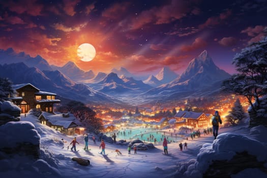 A dynamic portrayal of the exhilarating winter season, featuring individuals engaged in a range of invigorating activities such as skiing, snowboarding, and ice skating.
